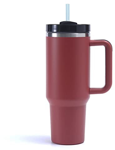 Moollyfox 40 oz Tazza termica a doppia parete in acciaio inox con manico Upgrade tazza da caffè 1200 ml tazza portatile da viaggio tazza termica con cannuccia e coperchio marrone rosso