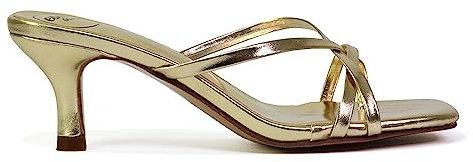ESSEX GLAM Womens Strappy Kitten Heel Sandals Ladies Square Toe Post Slip On Mule Gold Summer Shoes Size 7