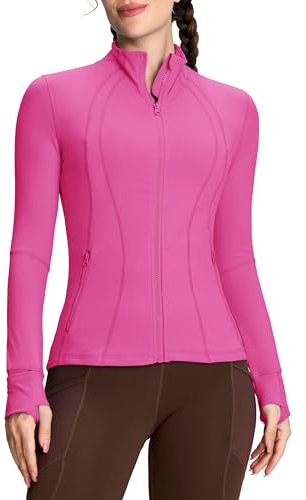 QUEENIEKE Women's Slim Fit Running Jackets - Long Sleeves Athletic Workout Gym Tops with Back Mesh Vent & Thumb Holes (Hot Pink, X-Large)