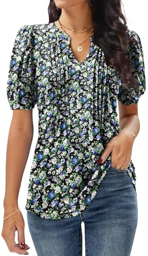 GRECERELLE Womens V Neck Tops Puff Short Sleeve | T-Shirt Pleated Floral Printed Tunic Blouse Shirts
