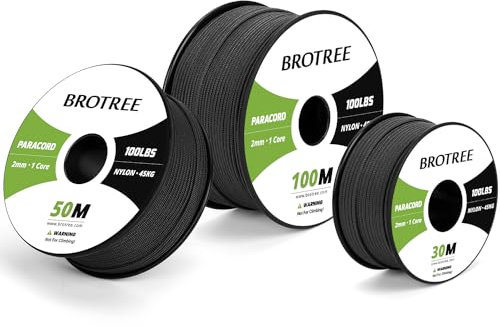 Brotree Paracord 2mm 30M Corda Nylon 1 Filo Corda di Sopravvivenza Tipo I per Esterno, Artigianato, Fatto a Mano - 45 kg Carico di Rottura (Nero)