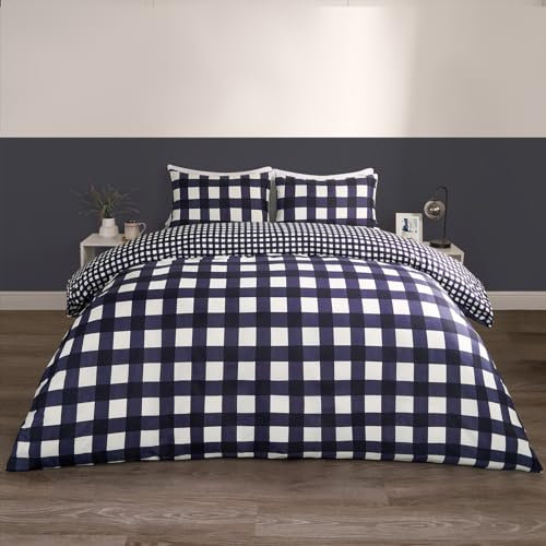 OHS Gingham-Bettwäsche-Set, für Einzelbett, wendbar, kariert, Bettbezug mit Kissenbezug, superweich, luxuriös, dekorativ, für Einzelbett, Marineblau