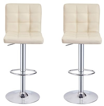 Lot de 2 Tabourets de Bar, Chaises Haut, Hauteur Réglable, Revêtement en PU, Rotatif sur 360°, avec Dossier et Repose-Pieds, Pied Chromé (Beige)