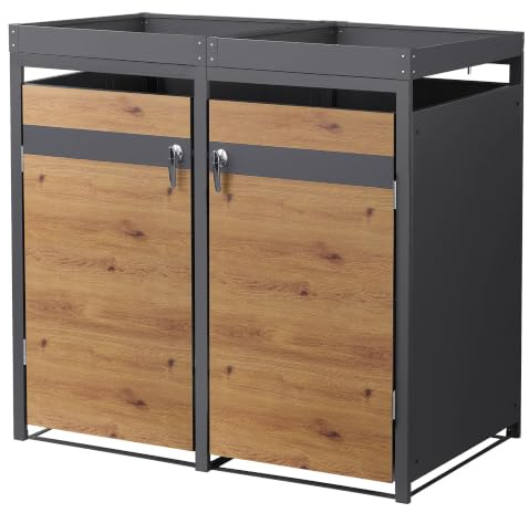 ML-Design Mülltonnenbox 2er mit Pflanzdach für 2 Tonnen, 240L 132x80x124 cm Holzoptik, Stahl, wetterfest, Abschließbare Mülltonnenverkleidung mit Tür, Müllbox Mülltonnecontainer Mülltonnenabdeckung