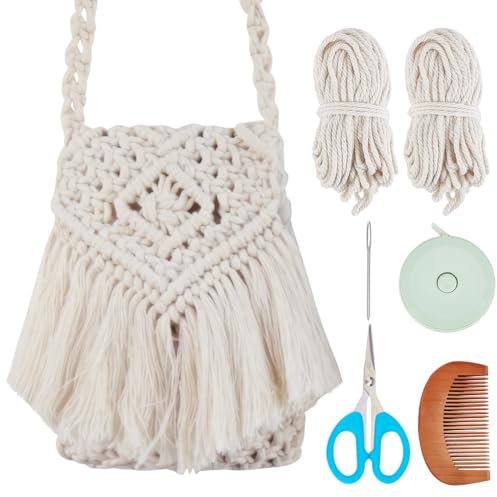 WEBEEDY DIY Makramee-Taschen-Set Boho Makramee-Taschen-Machset Mit 3 mm X 65 m Baumwollseil & Video-Anleitung, Macramé-Taschen-Bastelsets Für Erwachsene Anfänger Sommer Strand Dekor, Beige
