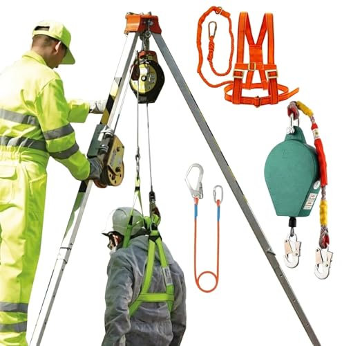 AVLLSO Système de trépied de Sauvetage avec treuil de 1200 1800 2600 LBS et Protection Contre Les Chutes de 10 m, Équipement de Sauvetage de Levage d'égouts en Aluminium(1800LBS Winch+Safe Belt)