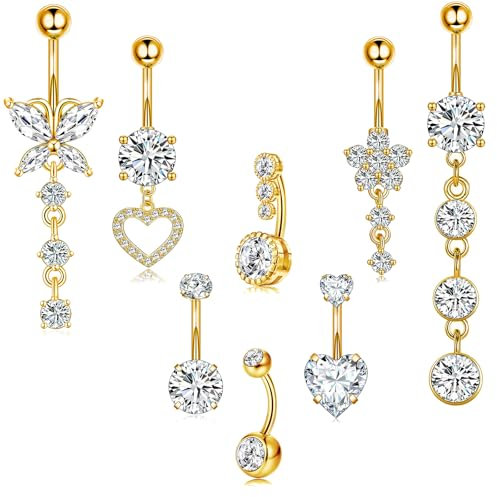 Eyezeeption 8 Stück Bauchnabelpiercing - Chirurgenstahl 10mm 12mm Stablänge, Gold Mit Strass, Titan Clip, Herz - Frauen Schmuck