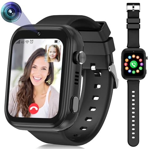 4G Smartwatch für Kinder mit GPS Telefon, WLAN Videoanruf, Kamera, SOS - IP67 Wasserdicht mit Echtzeit-Ortung, Musik-Video-Player, Alarm (Schwarz, T45)