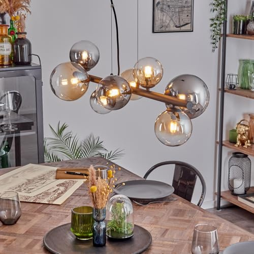 HOFSTEIN Pendelleuchte Chehalis, 8-flammige Hängelampe aus Metall/Glas in Schwarz/Bernstein/Rauch/Klar, Hängeleuchte im Vintage-Design mit Glasschirmen, max. 144 cm, G9, Esszimmer, Wohnzimmer, Küche