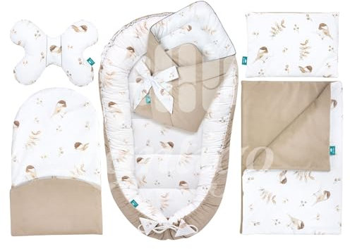 Lantigo Set für Neugeborene 6-teiliges Babynest Baumwolle mit Samt Baby Nestchen 95×55 cm inkl. Baby Kissen, Babydecke, Babyhörnchen, Erstausstattung Neugeborene Lovely bird