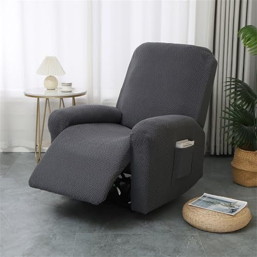 Hearda Housse de Fauteuil Inclinable Extensible, Jacquard Housse de Fauteuil 1 Place Relax Housses de Fauteuils 4 Pièces avec Poches Latérales Housse de Canapé Relax Inclinable Amovible (Gris foncé)