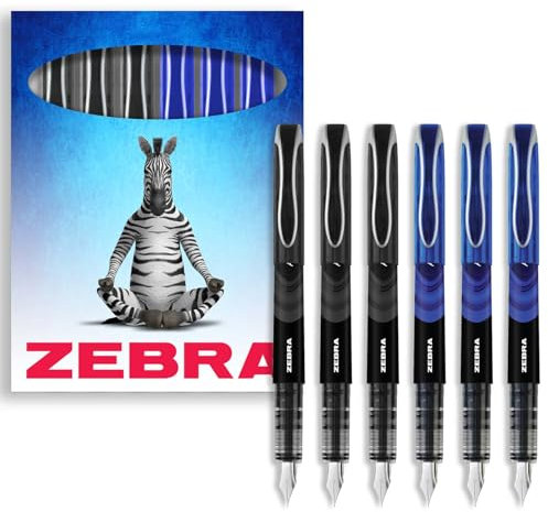 Zebra Fuente Pen - Disposable Fountain Pens - Pack of 6 - Black & Blue Ink - In Zebra Cardboard Gift Box
