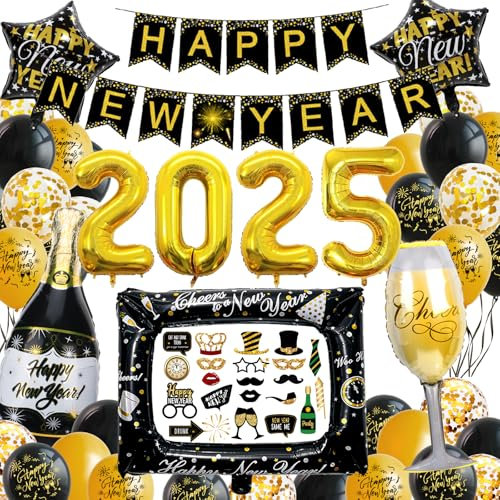 Decorazioni Capodanno 2025 XXL, Gadget, Happy New Year, Accessori Foto Booth, Palloncini Giganti, Addobbi, Nero Oro Festoni