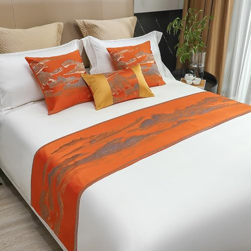 AHTCPO LuxuriöSe BettläUfer-Schals, BettläUfer im Querformat mit Jacquard-Design, Elegante BettwäSche, für Dekoratives Hotel-Hochzeitszimmer, Vierteiliges Set(Orange,Four-Piece Set(210cm))