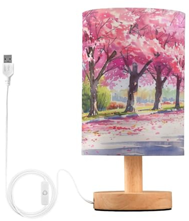 SKYSHU Cherry Tree Bedside Table Lamp, Small LED Desk Light USB Nightstand Lamp with Non Slip Wood Base & Eye-Friendily Lampshade for Living Room Bedroom Dorm Home Office Desk Decor