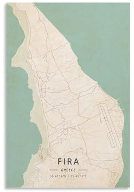 LZTEN Fira Griechenland-Karten-Poster, Vintage-Druck, Posterdruck für Teenager, Jungen, Zimmer, Wandkunst, Leinwand, Gemälde, Druck, ungerahmt, 60 x 90 cm