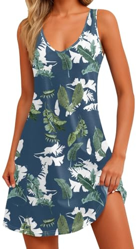 Robe Femme Chic et Elegant été Décontracté T-Shirt Robes Plage Col Rond Robes au Genou sans Manches Imprimé Floral Ample Robe