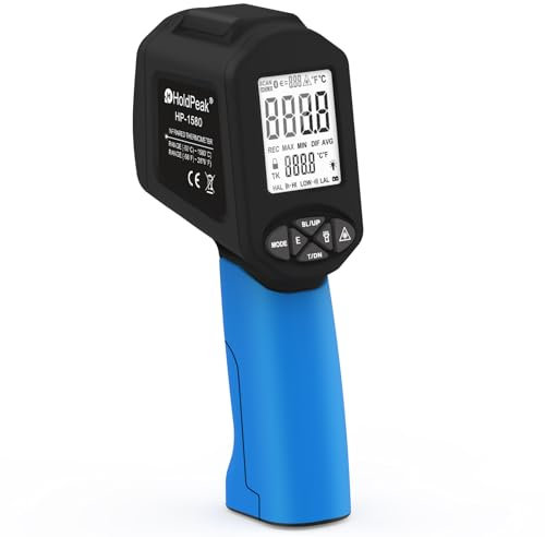 H HOLDPEAK Infrarot Thermometer, IR Digital Laser Temperaturmessgerät -50 bis 1580°C, berührungslose industrielle Laser-Thermometer-Pistole mit Blitzlicht(nicht für Menschen)