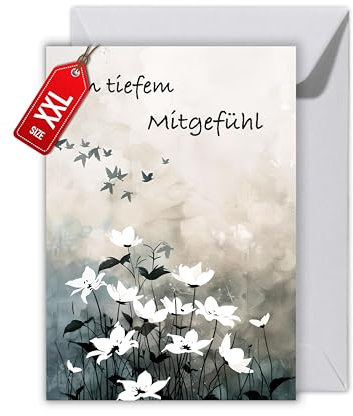 WBdesignz Trauerkarte mit Umschlag - Kondolenzkarte Weiße Blumen mit Vögeln - Beerdigung Karte Beileidkarte (XXL DIN A4)