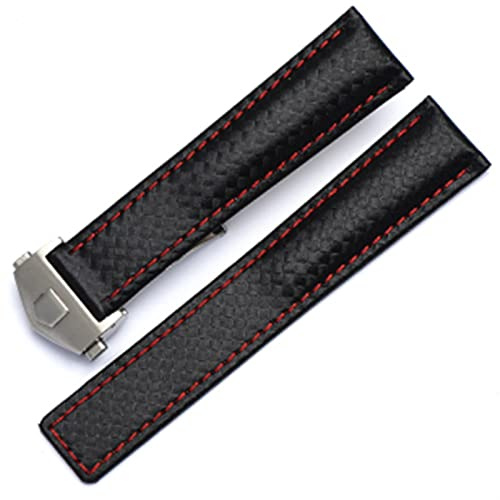 SAAWEE Für TAG Heuer Armband Carbon Fiber Texture Rindsleder unten SCHWARZ ROT Armband 20mm 22mm mit Faltschließe(Black red silver,20mm)