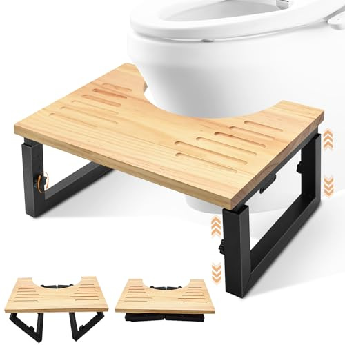 YTACREA Klappbarer Toilettenhocker Erwachsene aus Holz, Klohocker Höhenverstellbar, Tragbarer WC Toiletten Hocker mit Rutschfester Matte, Kackhocker für Kinder, Erwachsene, Hilfe beim Stuhlgang