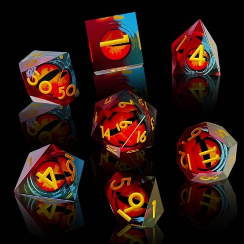 LURICO DND Würfel Set Drachenauge, 7tlg Polyedrisch mit Geschenkbox | Blau-rot mit scharfkantiger Harz-Optik. Für D&D, Pathfinder & MTG