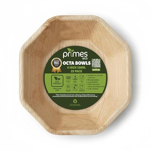 PRIMES ECO 25 Pack Disposable Palm Leaf Octa Bowls 4 Inch 120ml Natural Areca Leaf Bowls for Snacks & Small Salads Suitable for Parties, Buffets, Events, Catering & Food Service Use