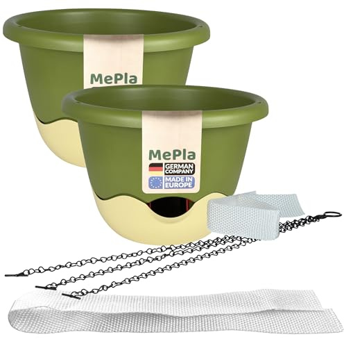 MePla - Set - 2 Stück Ampel Mareta ø30 Grün/Elfenbein + 1 x Ersatzbewässerungsband 62 cm – Selbstbewässernde Blumenampel mit Wasserspeicher – UV-beständig, wetterfest – für Balkon & Innenbereich