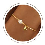 Fezodo Armband Damen Gold Silber, 18K Gold/Silber Vergoldet Blume Armband mit Buchstaben Monogramm Armbänder Personalisiert Armkette Schmuck Geschenke für Frauen Mädchen Freundin