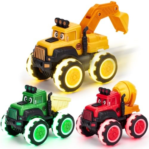 hahaland 3 Pack LED Pull-Back Monster Construction Truck Toys for 2-4 Boy