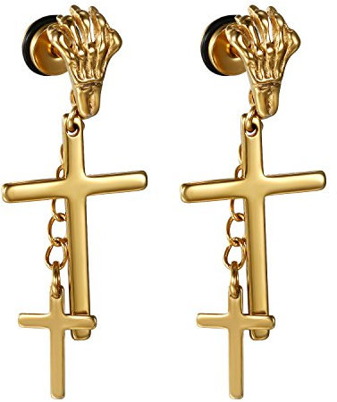 Flongo Herren Kreuz Ohrstecker Damen Ohrringe Edelstahl Ohrhänger Ohrstecker Gestüt Stecker Ohrringe Tunnel Fakeplugs Männer Frauen Ohrschmuck Hand Knochen Gotik Punk Gold