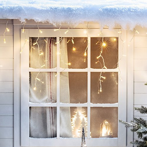 Lights4fun 2x 64er LED Eiszapfenlichterkette warmweiß Außenbereich Transparentes Kabel 2m koppelbar