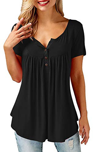 Amoretu Oberteile Damen T Shirt Kurzarm Sommer V-Ausschnitt Bluse Tunika Casual Tops mit Knöpfe Schwarz XXL