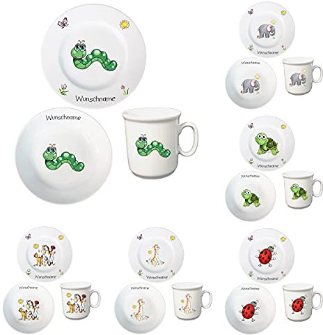 Kindergeschirr personalisiert - Frühstücksservice 3-tlg. Porzellan Teller Becher Schale personalisierbar mit Wunschname Name Frühstücksset mit Namen personalisiert (Wurm)