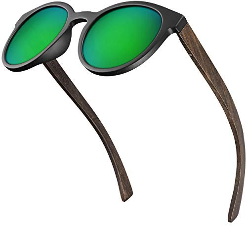 Balinco® Bambus Sonnenbrille mit runden, polarisierten Gläsern - im praktischen Zubehör-Set inkl. Geschenke-Box - mit UV400 Schutz & TAC-Linsen - für Damen & Herren geeignet (Grün verspiegelt)