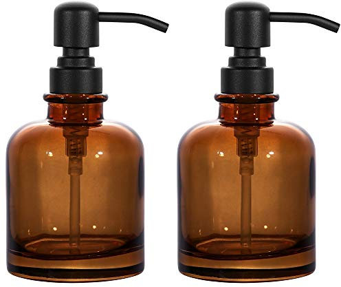 Seifenspender aus dickem, bernsteinfarbenem Glas, mit mattschwarzer Edelstahl-Pumpe, 284 ml, runder Boston-Flaschenspender mit rostfreier Pumpe für ätherisches Öl (matt-schwarz)