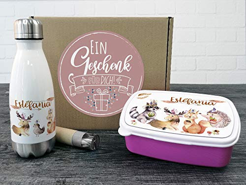 GRAZDesign Brotdose und Trinkflasche Set für Mädchen mit Namen und Waldtiere | personalisierte Brotdose mit Trennwand Trinkflasche aus Edelstahl 350ml | Geschenk zur Einschulung