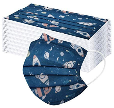 Lulupi 50/100Stück Kinder Mundschutz Multifunktionstuch Bedruckt Einweg Mund und Nasenschutz Mundschutzmaske Staubdicht Mund-Nasen Bedeckung Tücher Weltraum Motiv Maske Bandana Halstuch Jungen Mädchen