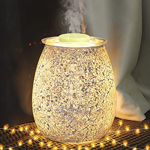 Sykollas Glass Electric Oil Lamp, Aroma Candle Warmer Melter Essential Oil Fragrance Burner, Night Light for Home Bedroom Living Room Decoration Gift - Silver