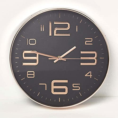 HOMESCAPES Black & Rose Gold Wall Clock 30 cm Wide Modern Style Kitchen or Office Clock