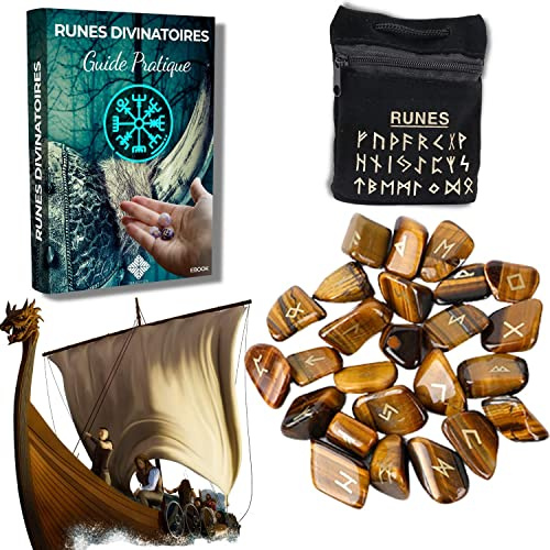 Runes Wahrsagerisches Wikinger – Pack mit 25 Runen aus Natursteinen mit Tigerauge, graviert (2 cm x 1 cm) + Schwarze Tasche + praktisches E-Book (PDF)