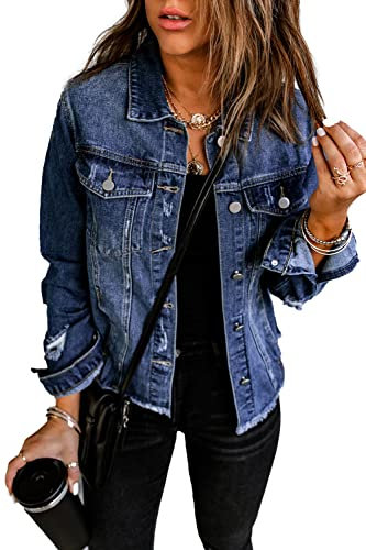 Necooer Fransen Jeansjacke Damen Stretch Lange, Taillierte Jeansjacke Mit Fransen Damen Denim Blau,XL