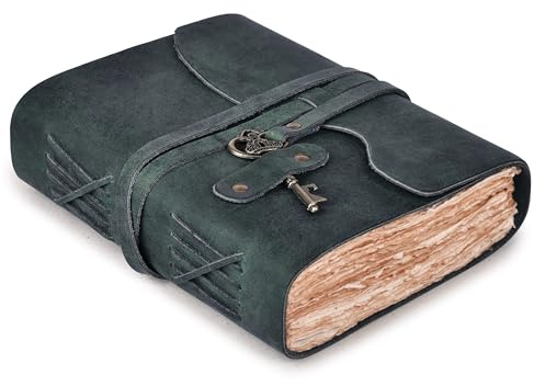 LEATHER VILLAGE Vintage Leather Journal – 200 Handmade Vintage Deckle Edge Paper – Leather bound Journal For Women Men – Brass Key Closure - Book of Shadows - Turquoise - 13X8 inches | Handmade Deckle Edge paper, 200 Blank Pages , Book Of Shadows, Sketchbook, Scrapbook, Leather Journal , Turquoise 13x8