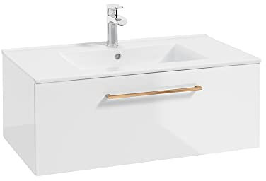Lomadox Waschtisch, 80 cm breit, in weiß Hochglanz lackiert mit Metallgriff in Kupfer und Keramikwaschbecken, B/H/T ca. 80/32/46 cm
