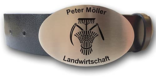 elbedruck Ledergürtel mit ovaler Gürtelschnalle Zunftwappen Landwirt und Wunschgravur personalisiert Dein Text Name Geschenkbox Bauer Zunftzeichen (L (Länge 120 cm))