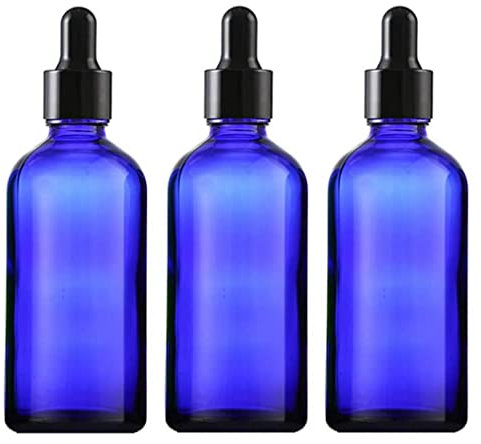 3 Pack 100ml/3.5oz Empty Cobalt Blue Glass Bottles Refillable Glass Eye Dropper Bottles Sample Glass Container Storage Vias with Glass Eye Droppers for Essential Oils Perfumes Travel Aromatherapy Lab