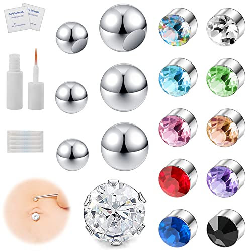 ZS 17Pcs CZ Fake Eyebrow Rings Belly Nose Ear Lip Labret Studs, Flat Replacement Ball with Eyelash Glue, Non-Piercing Body Jewelry Faux Skin Piercing (A)