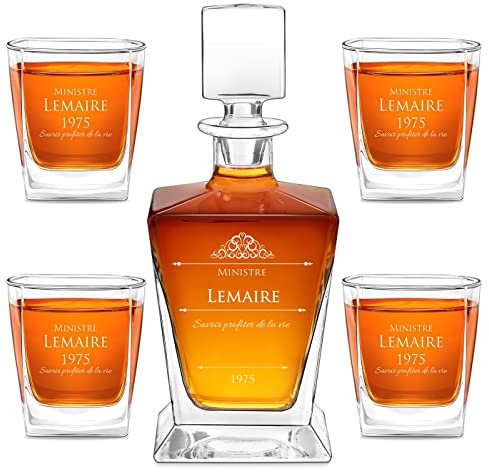 Maverton Ensemble de Carafe et 4/6 Verres à personnaliser - 0,8l Décanteur Whiskey + 4/6 Verre de 250ml - Souvenir pour homme - Service à Whisky pour lui - pour anniversaire - Ministre
