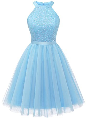 Dressystar Damen Paillettenkleid Cocktailkleid Kurz Partykleid Neckholder Kleid Sommer Blau L