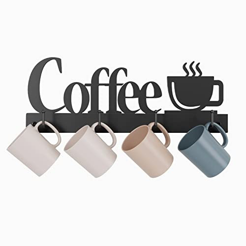 HULISEN Coffee Bar Accessories Decor, Coffee Cup Holder Wall Mounted With 4 Heavy Duty Hooks & Metal Coffee Sign & Cup-Shaped Logo, Rustproof Tea Cup Hanger Organizer Display Decor For Kitchen, Office